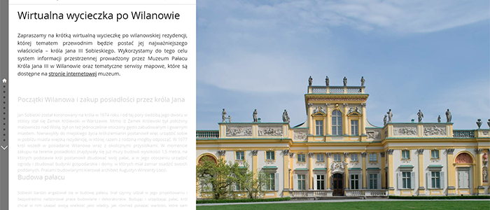 Strona tytułowa aplikacji, po prawej widok na fasadę pałacu od strony dziedzińca, po lewej panel zawierający opis