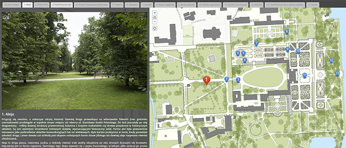Miniatura aplikacji, po prawej mapa terenu Muzeum z oznaczonymi punktami wycieczki, po lewej panel z opisem miejsa i zdjęciem, pod zdjęciem opis