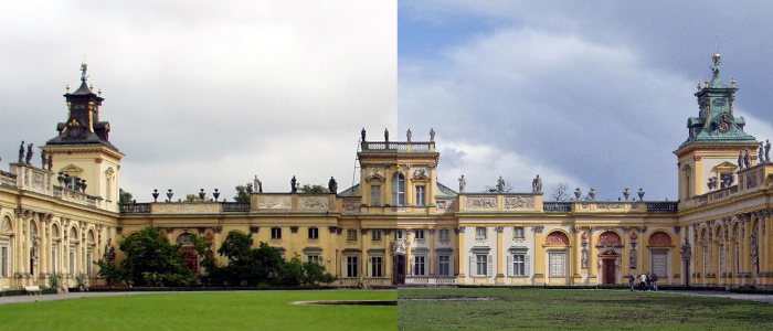 Photo of the palace from the side of the courtyard divided in half by a vertical line, on the left the state of the palace before the conservation of the facade, on the right the state after the renovation.