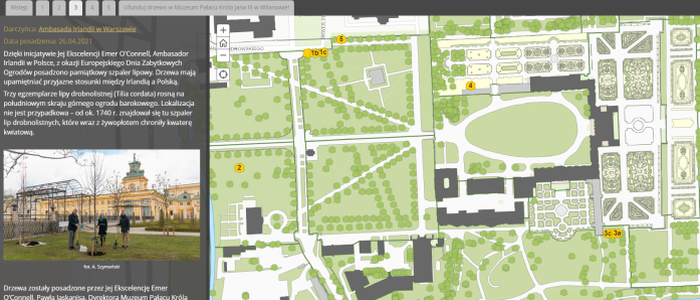 Strona tytułowa aplikacji, po prawej widok na mapę parku wilanowskiego z oznaczonymi drzewami zasadzonymi przez darczyńców, po lewej panel zawierający opis