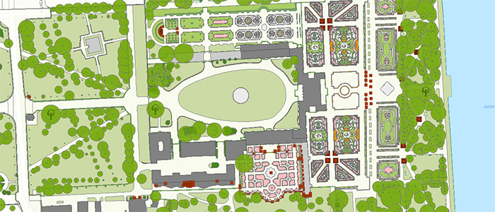 Miniatura, przedstawia fragment mapy Muzeum z widocznymi budynkami i ogrodami